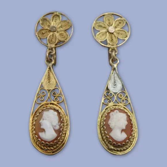 835 Silver Antique/Vintage Italian Carved Shell Cameo Earrings - Picture 3 of 11